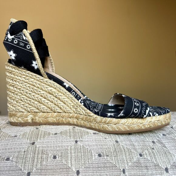 Stuart Weitzman Illeana Black Paisley Bandana Print Espadrille Sandal Women 8.5 - Picture 2 of 16